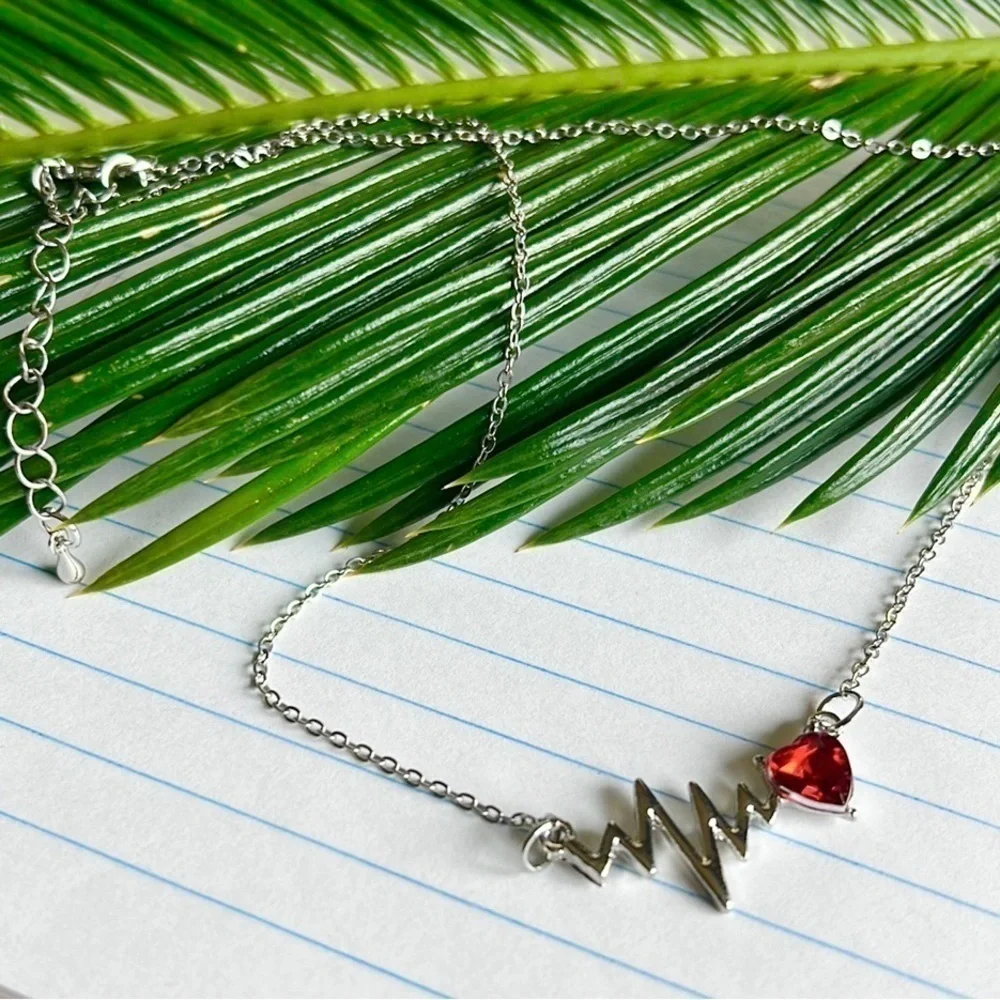 Heartbeat necklace with red faux ruby heart 8.5” drop +2”extender
